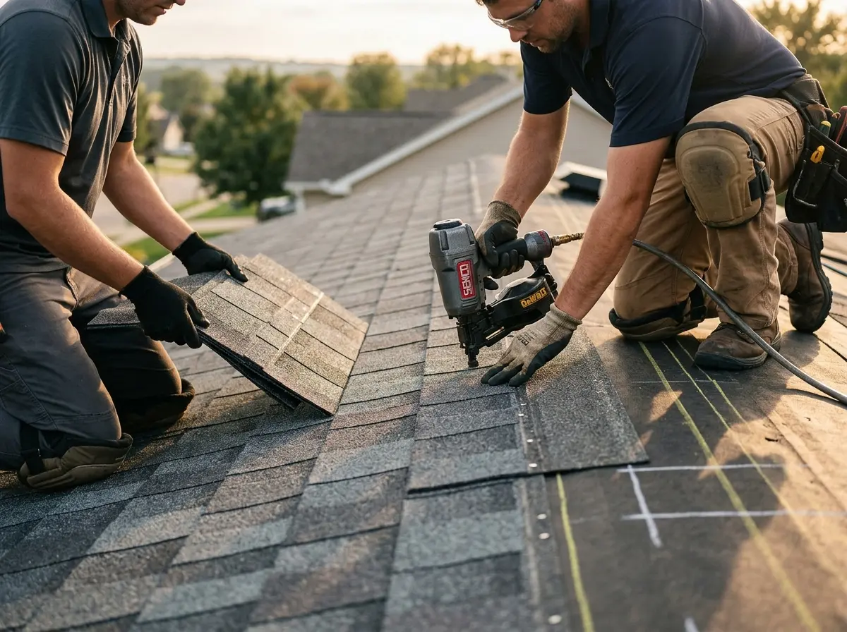 Professional roofer working on a residential roof in Eagle Point